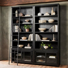 Aerith Double Bookcase W/ Ladder - Worn Blk